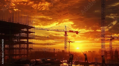 Modern building construction at sunset, cranes, equipment, men working, backgound image