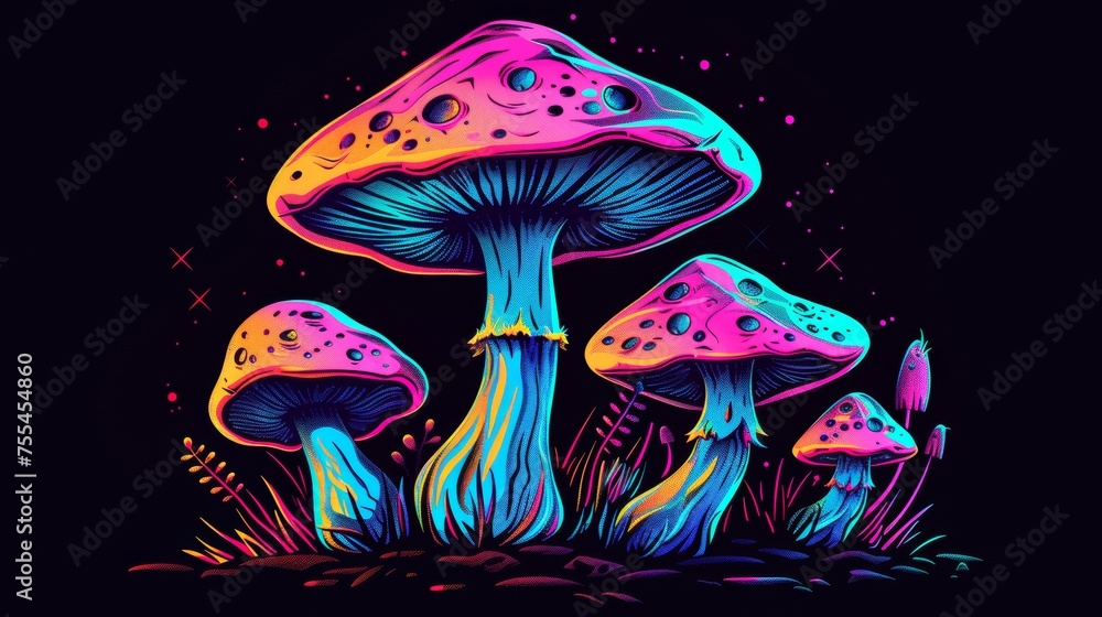 Isolated groovy mushrooms set on a black background. Modern illustration of retro fungus patch in neon colors, vintage Y2K design element for retrowave party poster, funky fly agaric illustration. Isolated groovy mushrooms set on a black background. Modern illustration of retro fungus patch in neon colors, vintage Y2K design element for retrowave party poster, funky fly agaric illustration.