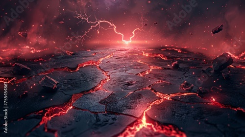 Modern illustration of molten volcanic terrain with fracture crash, bright energy burn lightning, floating flares, sparkling smoke, and glowing red light.