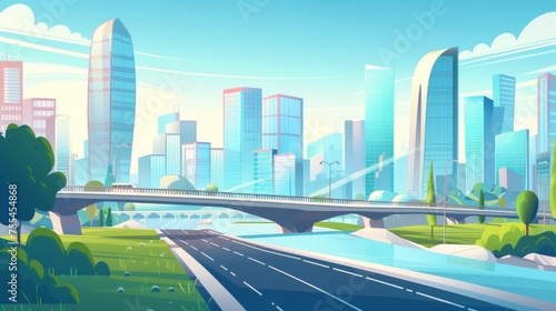 A viaduct bridge spanning a river leads to a modern city with multifloor buildings. Cartoon modern illustration of a city landscape with highways and skyscrapers in the downtown area.