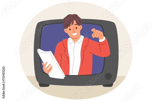 Man TV show announcer looks out of retro TV and points finger at viewer, recommending to buy advertised product. News or evening television show host holds script papers and improvises live