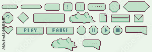 Pixel Art Speech Boxes, Dialogue Boxes Assets for retro Games, speech bubbles messages and quote frames vector set, green set