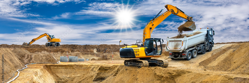 excavator is working and digging at construction site excavator is working and digging at construction site