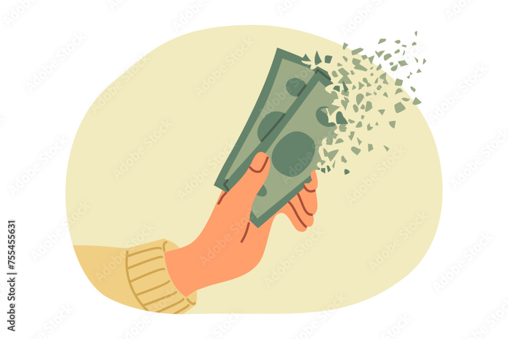 Money in person hands quickly disappears due to high inflation caused by crisis or lack of financial planning. Human loses earned money after accelerating inflation and rising living costs