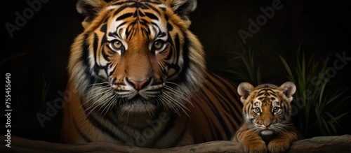 A Sumatran tiger and her cub are standing next to each other. Both tigers have distinct orange fur with black stripes. They appear alert and curious, gazing into the distance.