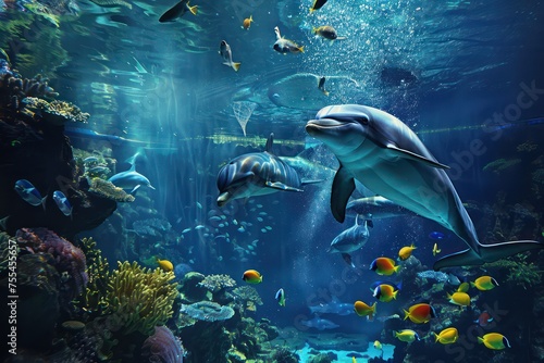 3d wallpaper tropical sea dolphin underwater underwater aquarium background © AAA
