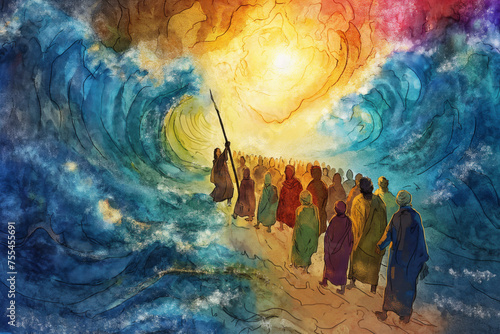 Jewish exodus biblical story cartoon illustration - Moses parting the Red Sea for the Israelites to cross, the sea opens into two big waves forming a passage photo