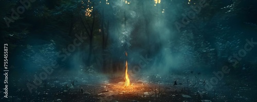 Enactment of a Witchcraft Ritual in a Dimly Lit Forest. Concept Witchcraft Ritual, Dimly Lit Forest, Enactment, Dark Aesthetic, Mystical Atmosphere