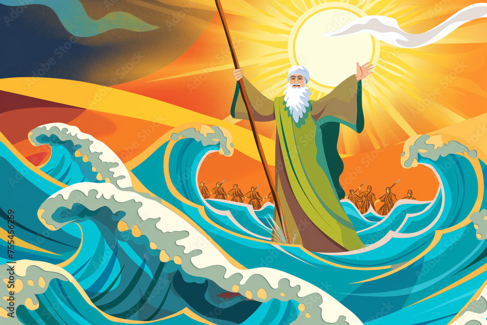 Jewish exodus biblical story cartoon illustration - Moses parting the ...