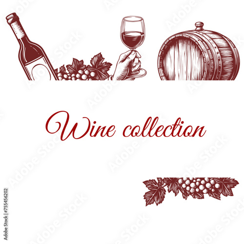 Vector hand drawn template illustration of wine and appetizers frame. Bottle, glass, barrel and grapes. Vintage engraved style art. For restaurant, menu, wine list design, shop, market, sale.