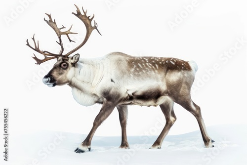 male reindeer is standing alone on a white background from stock photo photo