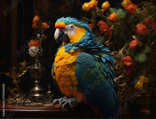 A parrot sits on a table in a house with a vase of flowers in the background.