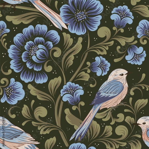 Vector flower seamless pattern background with birds. Elegant texture for backgrounds. Classical luxury old fashioned floral ornament, seamless texture for wallpapers, textile, wrapping