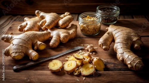 Ginger root on wooden table. Healthy food. Selective focus.