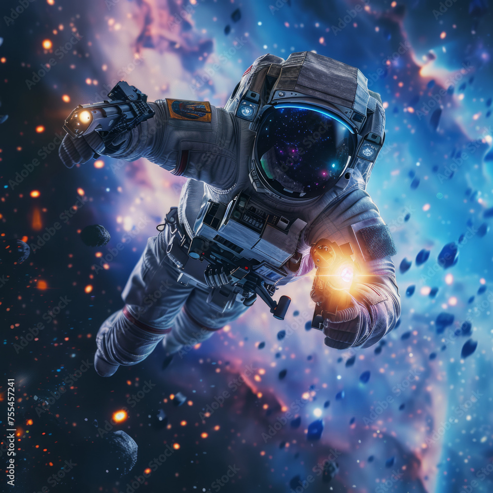 Futuristic flying astronaut with gun Futuristic flying astronaut with gun