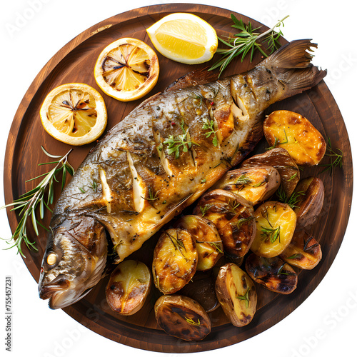 Roasted fish and potatoes, served on wooden plate, top view isolated on white