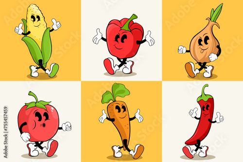 set of cartoon characters of vegetables, rubber hose style, vector illustration.