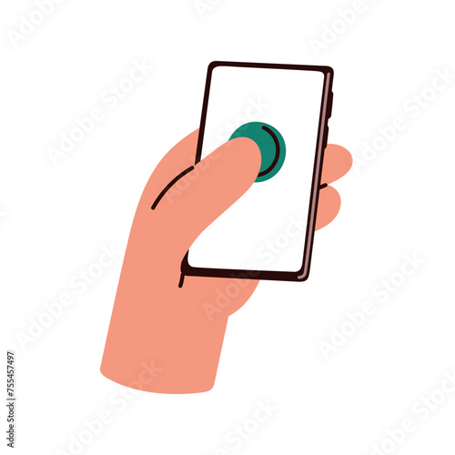 Finger clicking button on mobile phone screen. Hand holding smartphone, thumb...