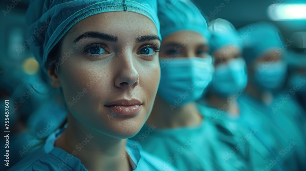 Female surgeon with a serene expression leads a team of medical professionals in the operating room Female surgeon with a serene expression leads a team of medical professionals in the operating room