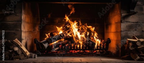 A fire burns brightly in a fireplace, surrounded by logs. The flames flicker and dance, casting a warm glow in the room, creating a cozy and inviting atmosphere.