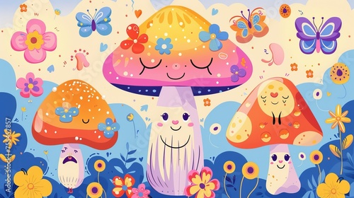 The modern set of hippy banner has retro y2k or groovy style poster design layouts with cute psychedelic mushroom cartoon characters  funny hearts  flowers and clouds.