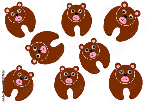 Set of stylized illustrations of bears. Randomly arranged on white background. The animals have rounded shape, look at the face and smile. Brown color. Pink and black face details. Printmaking style.