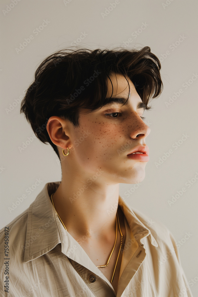 A photo of a minimal modern fashion shoot with young Spanish men, featuring an oversized beige shirt and large gold earrings, in muted earthy colors, with creative editorial photography. A photo of a minimal modern fashion shoot with young Spanish men, featuring an oversized beige shirt and large gold earrings, in muted earthy colors, with creative editorial photography.