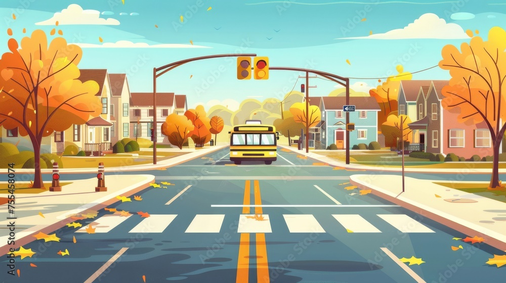 During autumn, a school bus rides along a suburban street with a crosswalk, traffic light, pedestrian sidewalk, and houses with trees. A cartoon scene portrays a country fall season cityscape with
