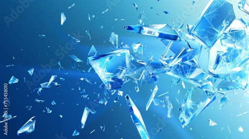 An exploding glass surface with sharp pieces of crushed blue crystal. A realistic modern illustration showing shatter and fragments. © Mark