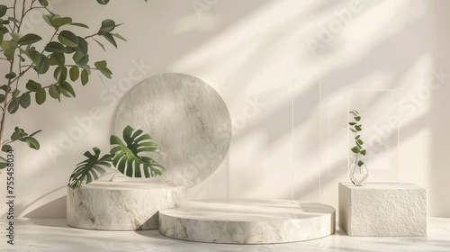 A cylinder podium mockup rendered in grey stone marble with green leaves, a transparent glass rectangle and circle decorative shape, and a pastel colored room with a floor and wall for displaying