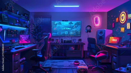 Playing video games and streaming at night in a cartoon dark house with a big TV, a console with a gamepad, and a neon joystick sign inside.
