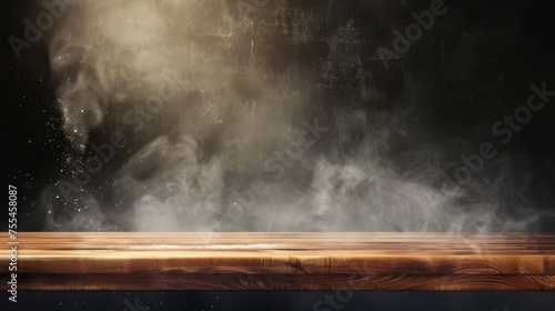 This is an illustration of flour floating in the air above a brown wood table in front of a hazy  empty shelf mockup with a dust effect on white background.