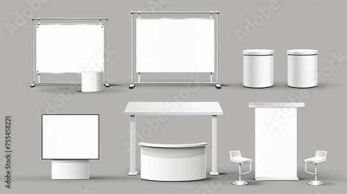 White booth stand mockup with signboard for advertising and promotional purposes. Realistic modern illustration of an empty portable kiosk for product presentation and exhibition.