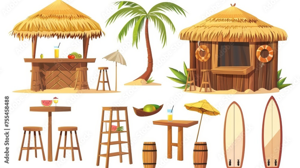 Cartoon modern illustration of a summer sea sand shore cafe with cocktails and fruits. Tropical Hawaiian wooden and bamboo shack with thatch or straw roof. - obrazy, fototapety, plakaty 