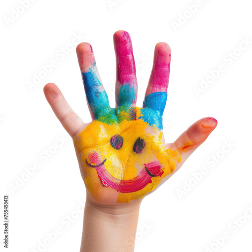 colorful painted child hand with painted smile on transparency background PNG