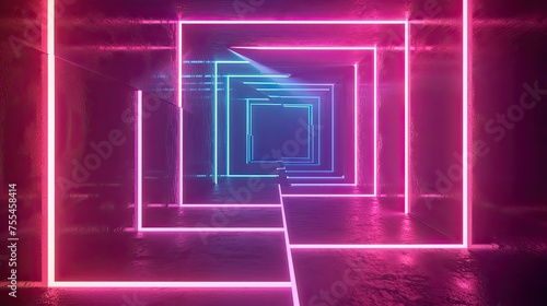 Empty futuristic stage with neon geometric background, colorful rectangular laser lines, Ai Generated.