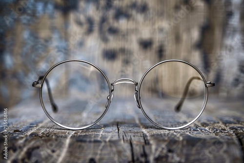 a pair of round glasses on a wood surface