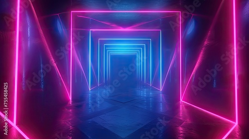 Empty futuristic stage with neon geometric background, pink-blue rectangular laser lines, Ai Generated. © SURIYA