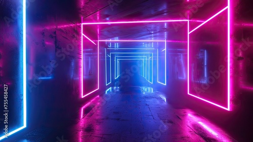 Empty futuristic stage with neon geometric background, pink-blue rectangular laser lines, Ai Generated.