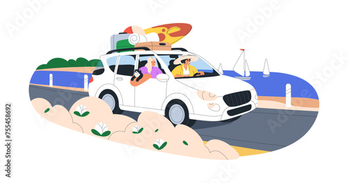 Women and cat in car travel on summer vacation. Holiday road trip to sea resort, beach. Girls friends, tourists in auto ride, baggage, surfboard. Flat vector illustration isolated on white background