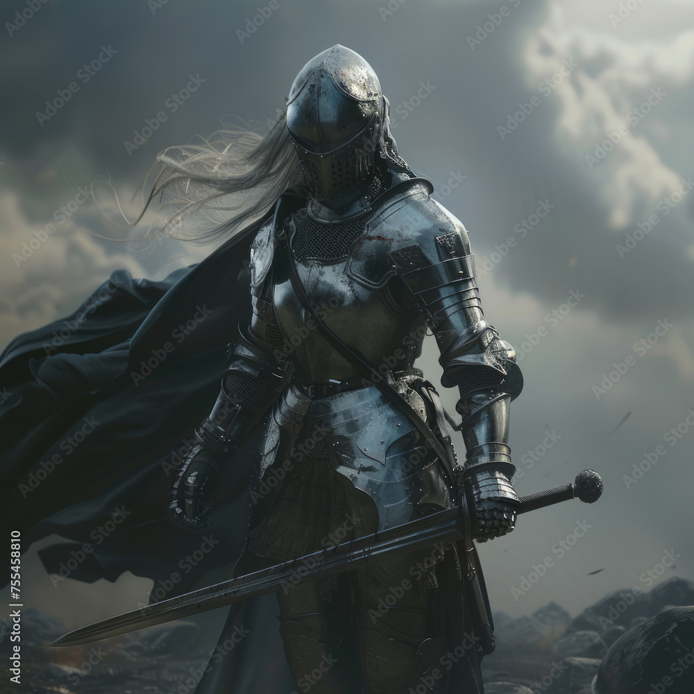 Lady knight in armor and sword in hand - obrazy, fototapety, plakaty 