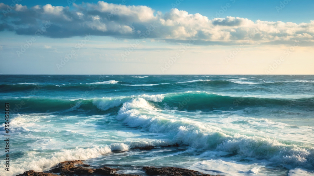 Beautiful landscape of the ocean and beautiful waves in sunny weather. Beautiful landscape of the ocean and beautiful waves in sunny weather.