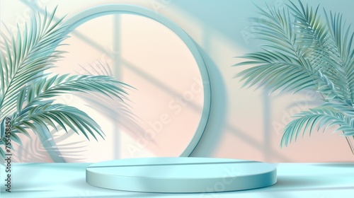 Illustration of a cylinder podium with an oval window. Palm tree branches are decorated on a pastel background with a wave line pattern  and an empty stage is shown for the presentation of the