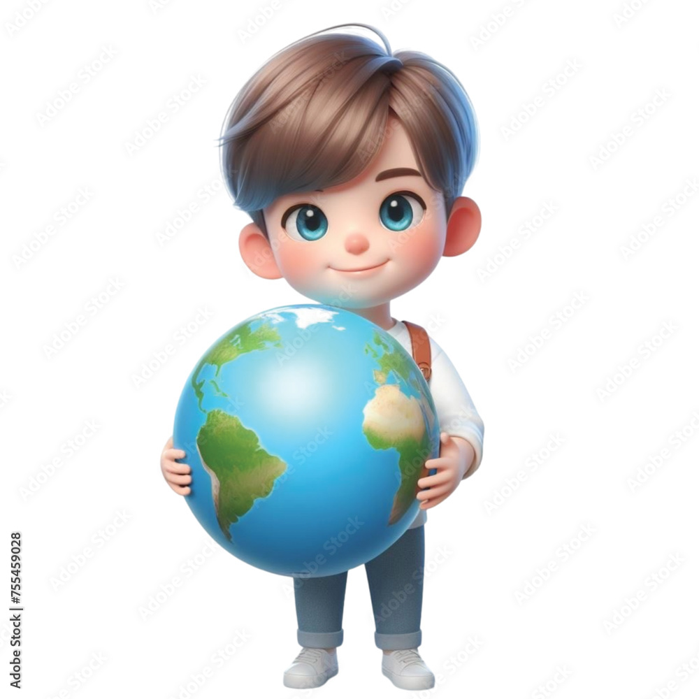 Child holding globe earth day cartoon 3d render illustration Child holding globe earth day cartoon 3d render illustration