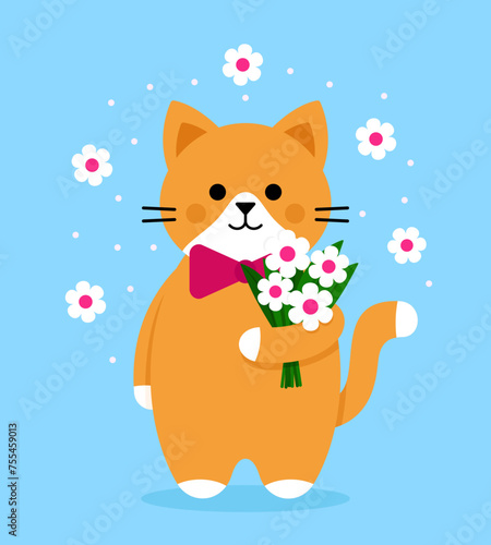 Cute red cat stands in a bow  holding a bouquet