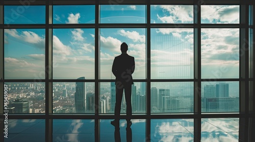 Businessman stands in office, watches downtown from big window, cinematic daylight, stock photo, Ai Generated.