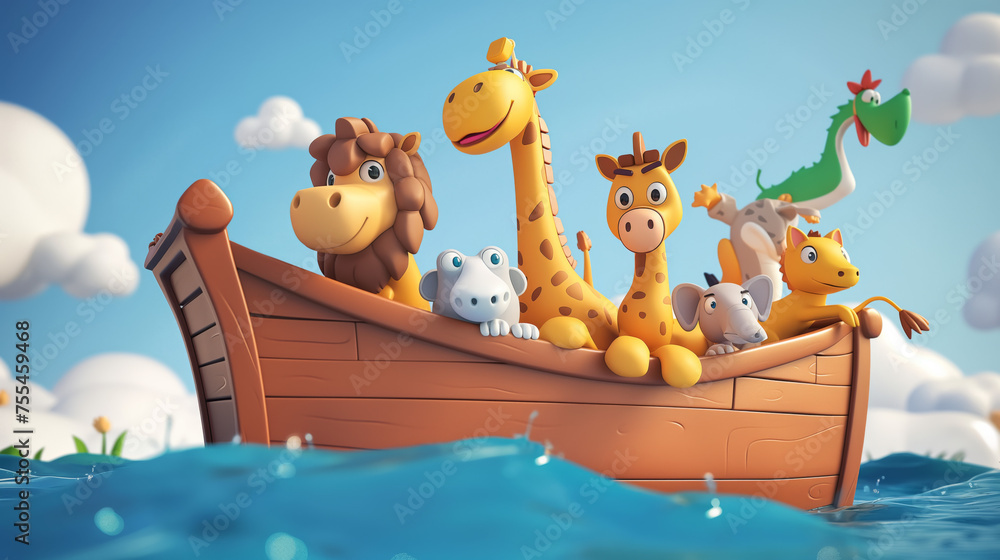 Obraz premium Noah's ark with animals during the floor, colorful cute childish cartoon 3d illustration of the Biblical flood story