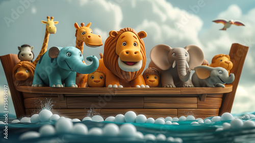 Noah's ark with animals during the floor, colorful cute childish cartoon 3d illustration of the Biblical flood story