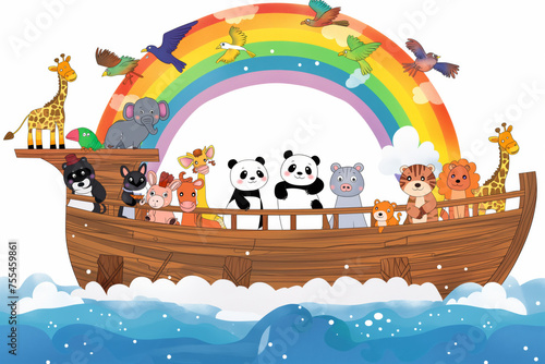 Noah ark with the animals during the floor, colorful simple cute childish watercolor cartoon illustration of the Biblical flood story, isolated on white photo