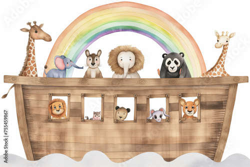 Noah ark with the animals during the floor, colorful simple cute childish watercolor cartoon illustration of the Biblical flood story, isolated on white